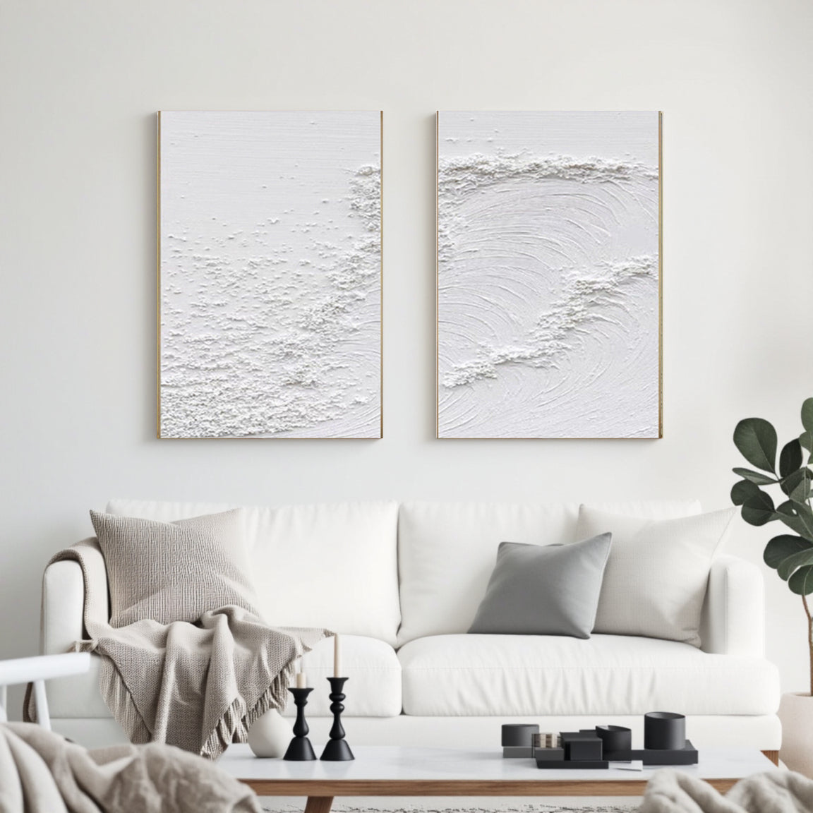 White Minimalist Textured Paintings Canvas Set of 2 #MM080