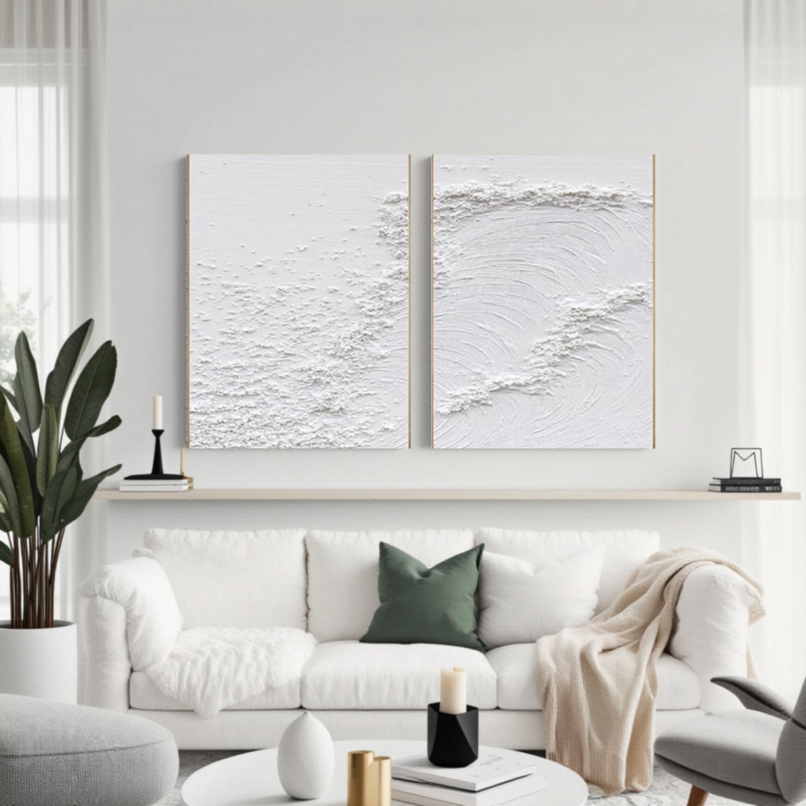 White Minimalist Textured Paintings Canvas Set of 2 #MM080