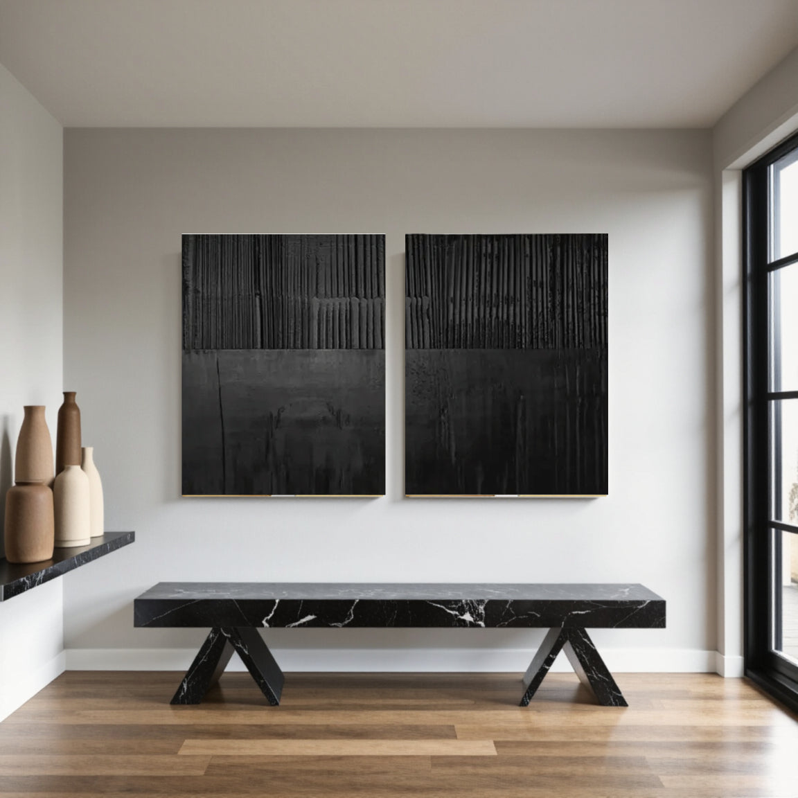 Black Minimalist Textured Painting Canvas Set of 2 #MZ028