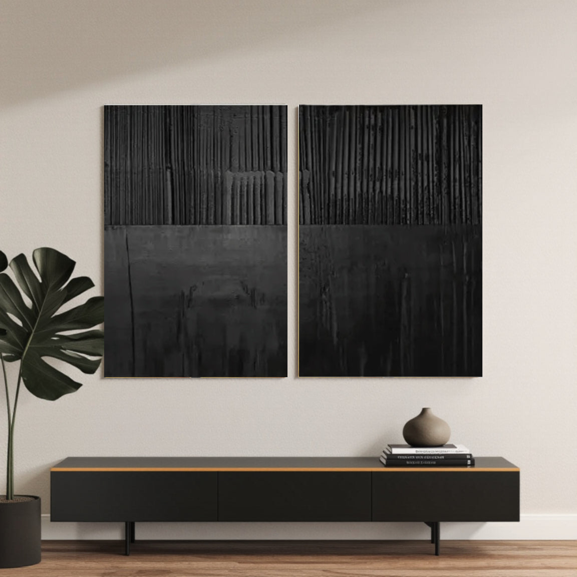 Black Minimalist Textured Painting Canvas Set of 2 #MZ028