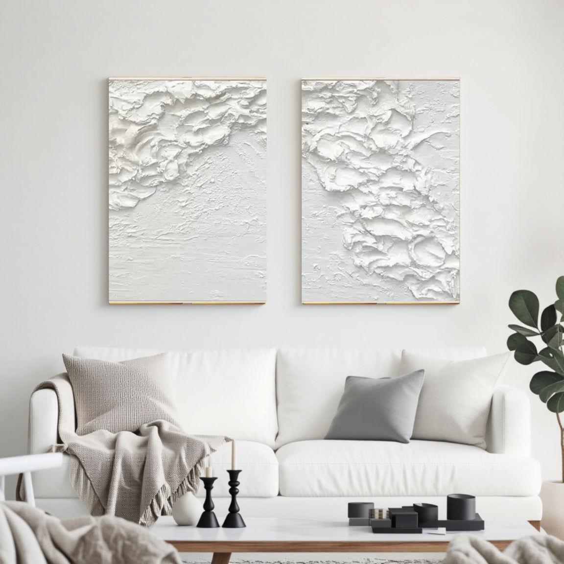 White Minimalist Textured Paintings Canvas Set of 2 #MM061