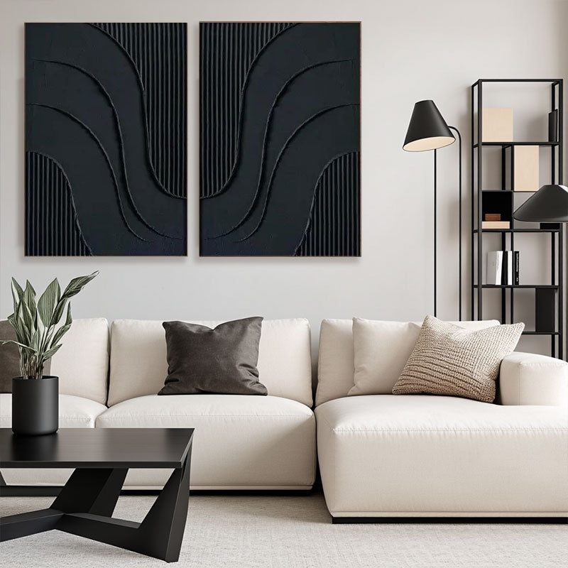 Black Plaster Art Minimalist Textured Paintings Set of 2 #MZ027