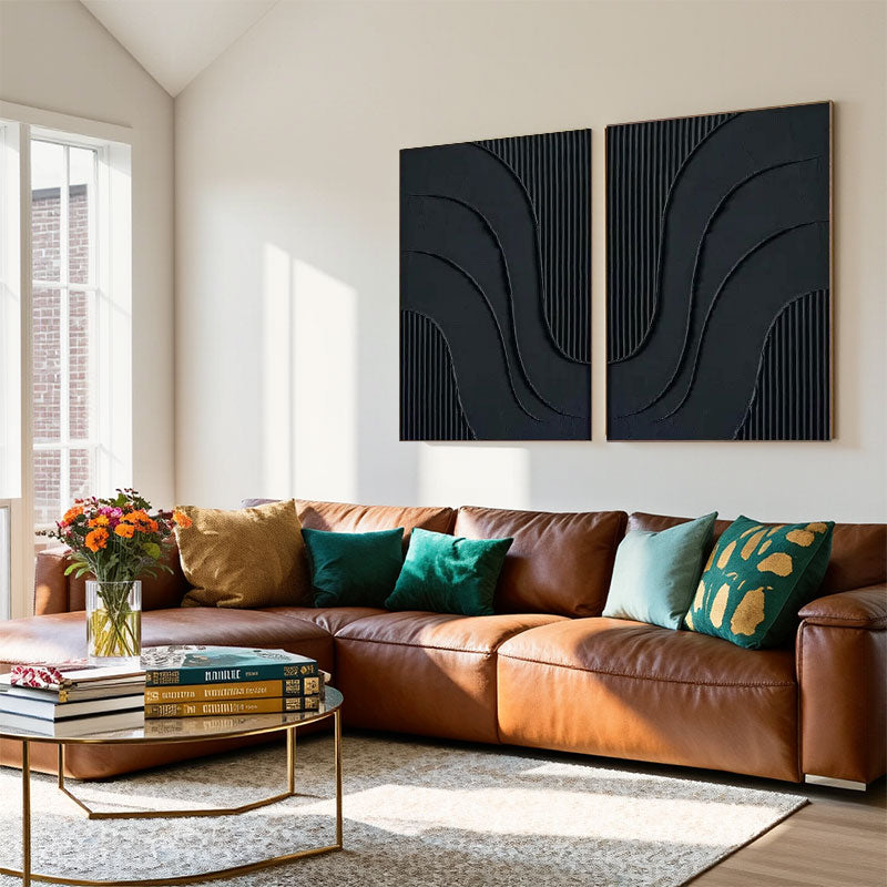 Black Plaster Art Minimalist Textured Paintings Set of 2 #MZ027