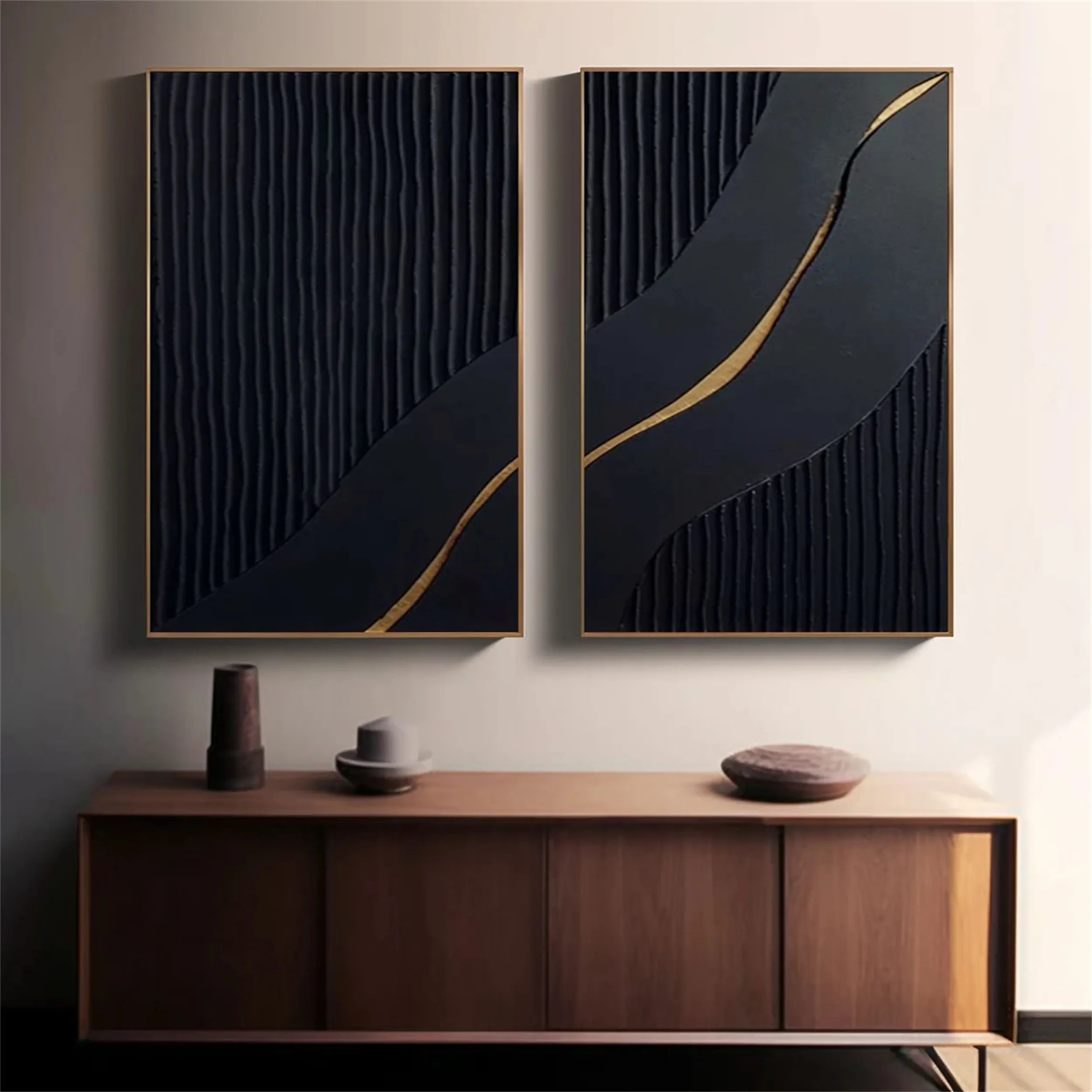 Black Gold Minimalist Textured Paintings Set of 2 #MZ080
