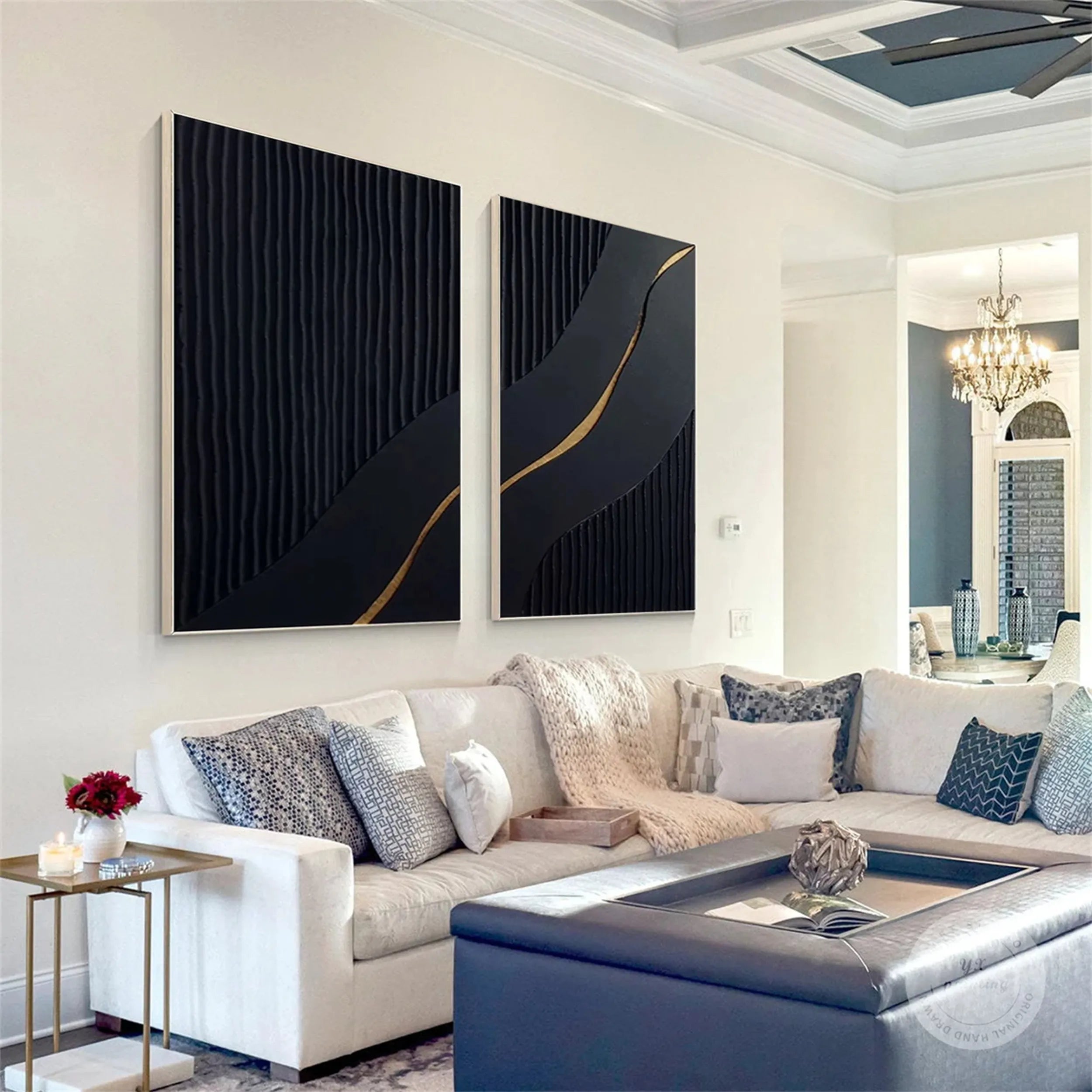 Black Gold Minimalist Textured Paintings Set of 2 #MZ080