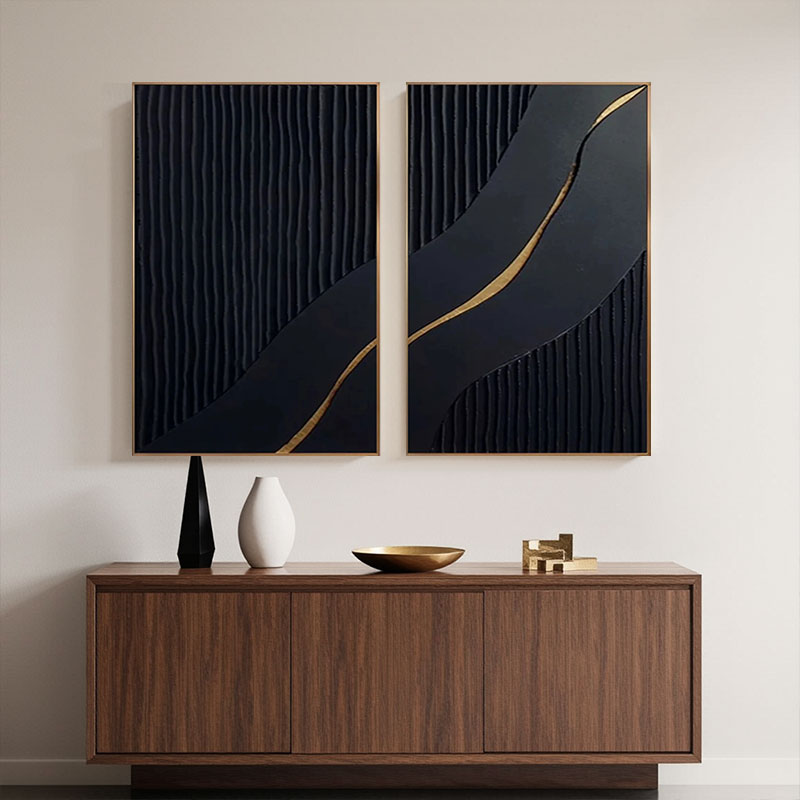 Black Gold Minimalist Textured Paintings Set of 2 #MZ080