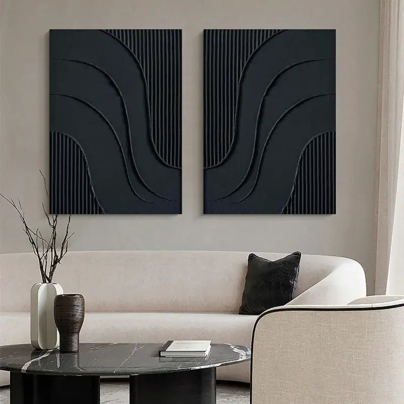 Black Plaster Art Minimalist Textured Paintings Set of 2 #MZ027